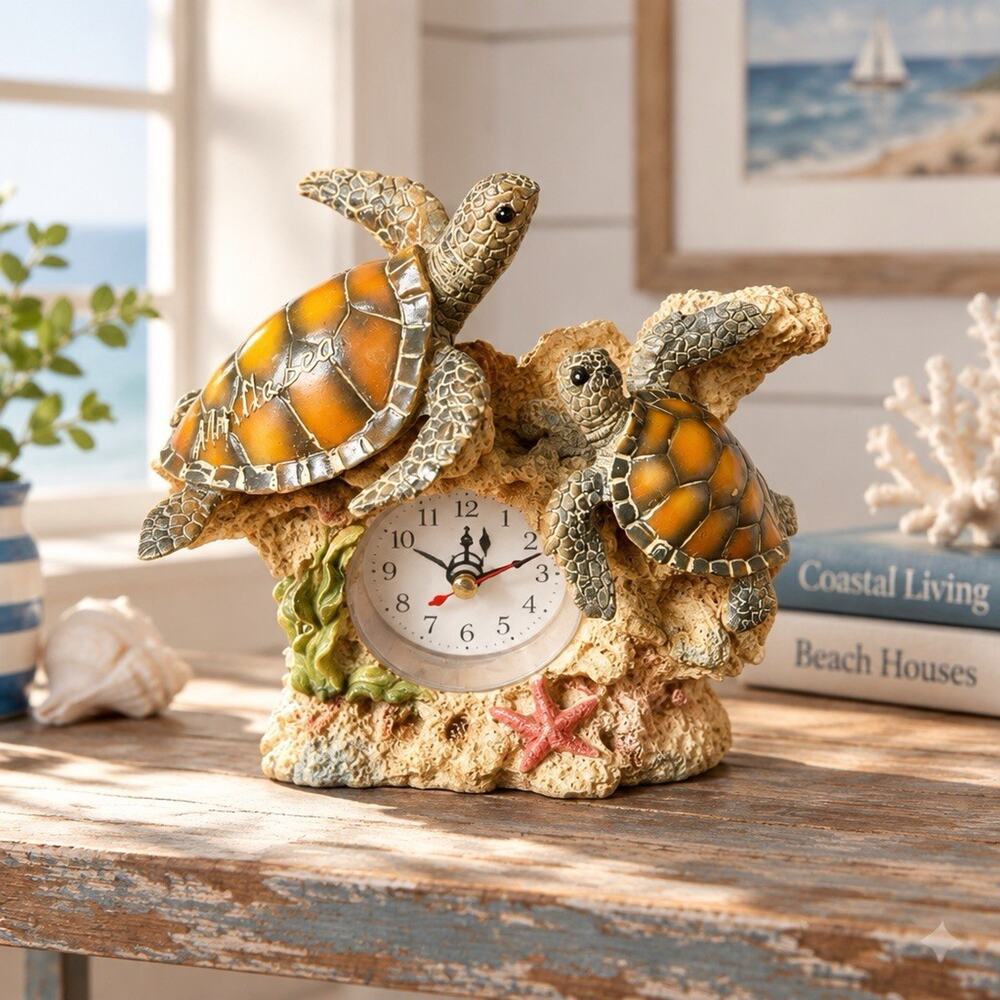 Turtle Clock Coastal Nautical Resins Decor Sea Life Timepiece Home Accent